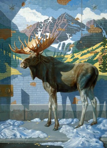 wildlife art contemporary fine oil painting conceptual symbolism Moose mural mountains sidewalk sign