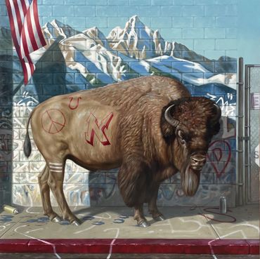 progress wildlife art fine oil painting realism bison sidewalk mural American flag symbols graffiti