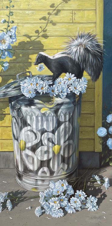 realism wildlife fine art oil painting skunk trash can flowers symbolism yellow daisies conceptual