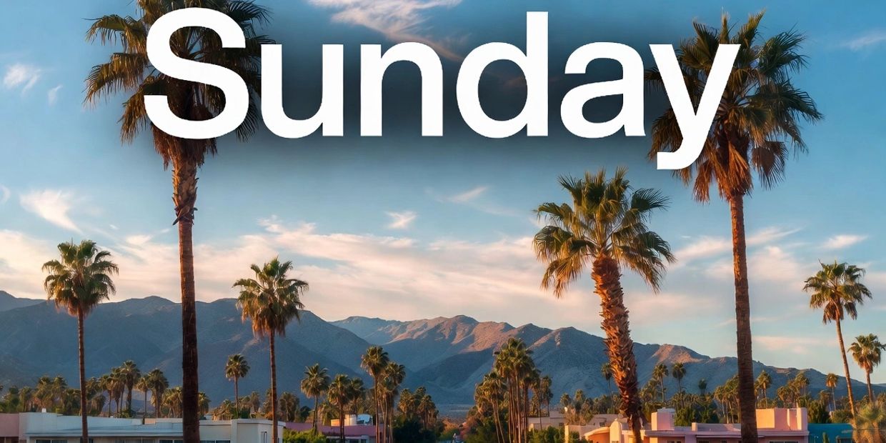Palm trees and mountains under a cloudy sky with 'Sunday' text.
