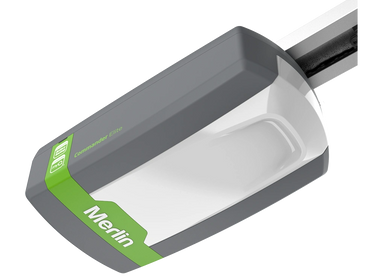 Merlin Commander Elite garage door opener with gray and green design.