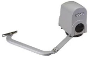 A gray automatic gate opener arm with a motor unit.