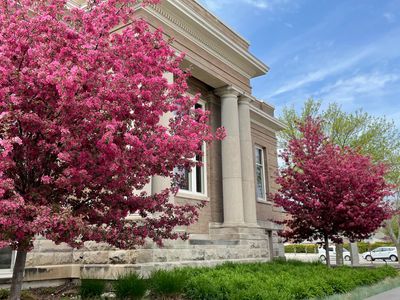 Photo of the original entrance to Ames Public Library flanked by pink blooming trees