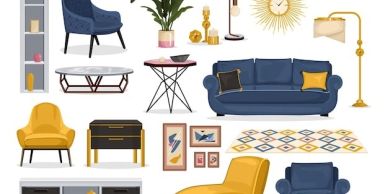 A collection of modern living room furniture and decor in blue and yellow tones.