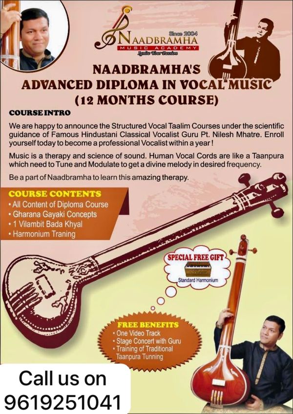 Naadbramha's advanced diploma in vocal music with guru guidance and free harmonium gift.