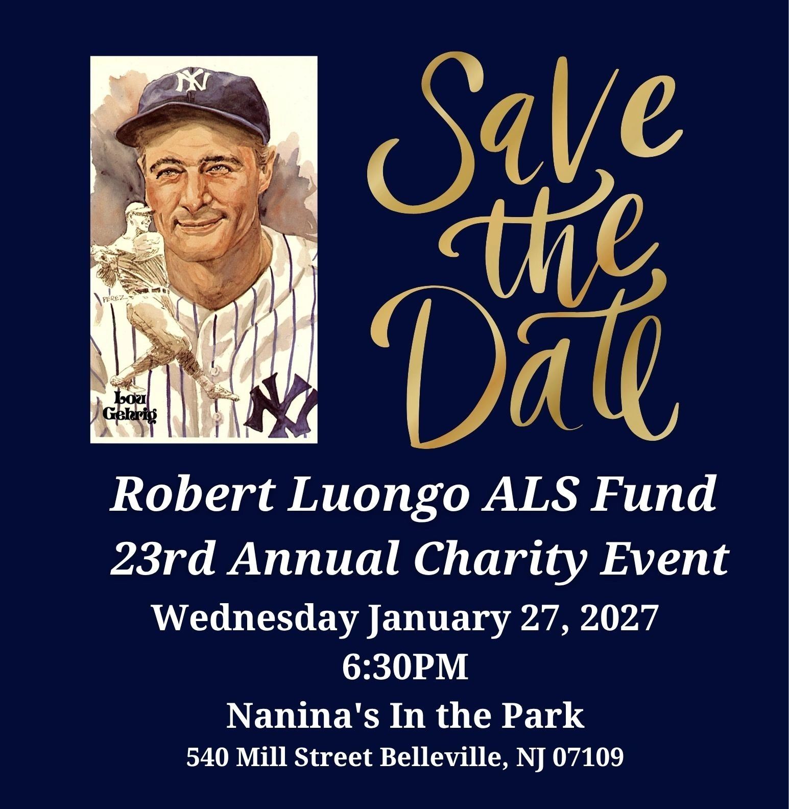 Save the date for Robert Luongo ALS Fund charity event with Lou Gehrig image.