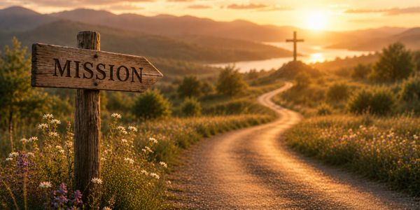 A scenic path leading to a cross at sunset with a 'Mission' signpost.