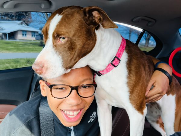 Boy smiling with a dog resting its head on his.