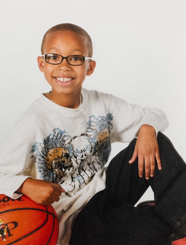 Smiling boy with glasses holding a basketball, wearing a white sweater and black pants.
