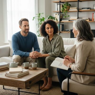 Couple consulting with a therapist in a cozy setting.