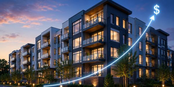 Modern apartment complex at dusk with an upward financial growth graph overlay.