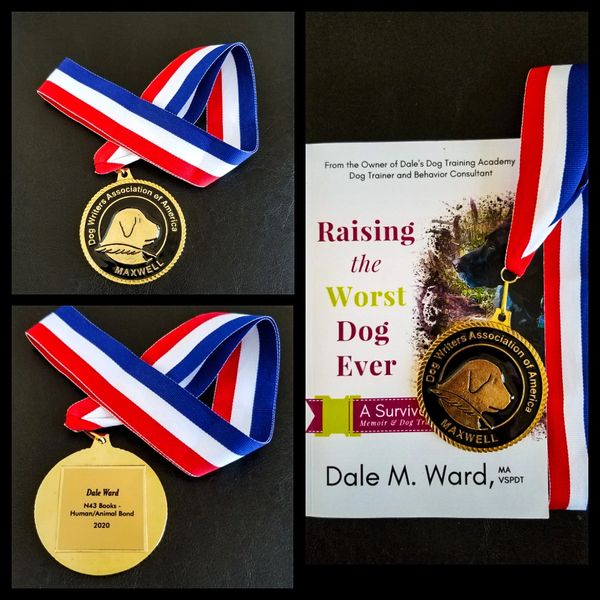 Medal on red, white and blue ribbon and book cover.