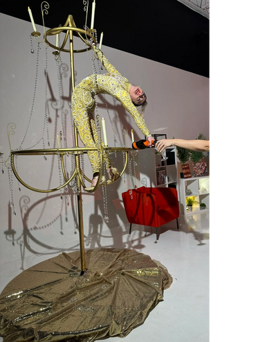 aerial chandelier bartending, aerial chandelier champagne pouring, aerial arts