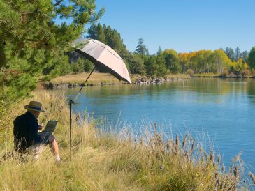 Person sitting by the lake under an umbrella working on a laptop.