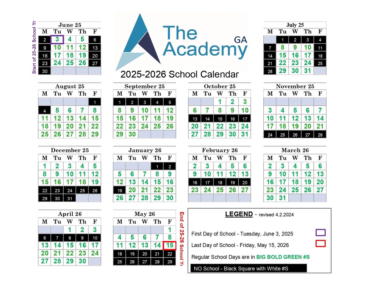 Year-Round Calendar @The Academy GA for kids in Smyrna w/ Dyslexia, ADHD, and Non-Traditional