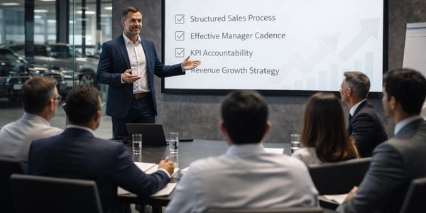 Businessman leading dealership sales and leadership training session.