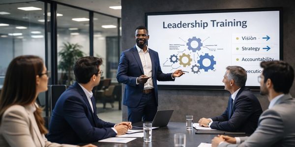 Business leader conducting leadership training with attentive team members.