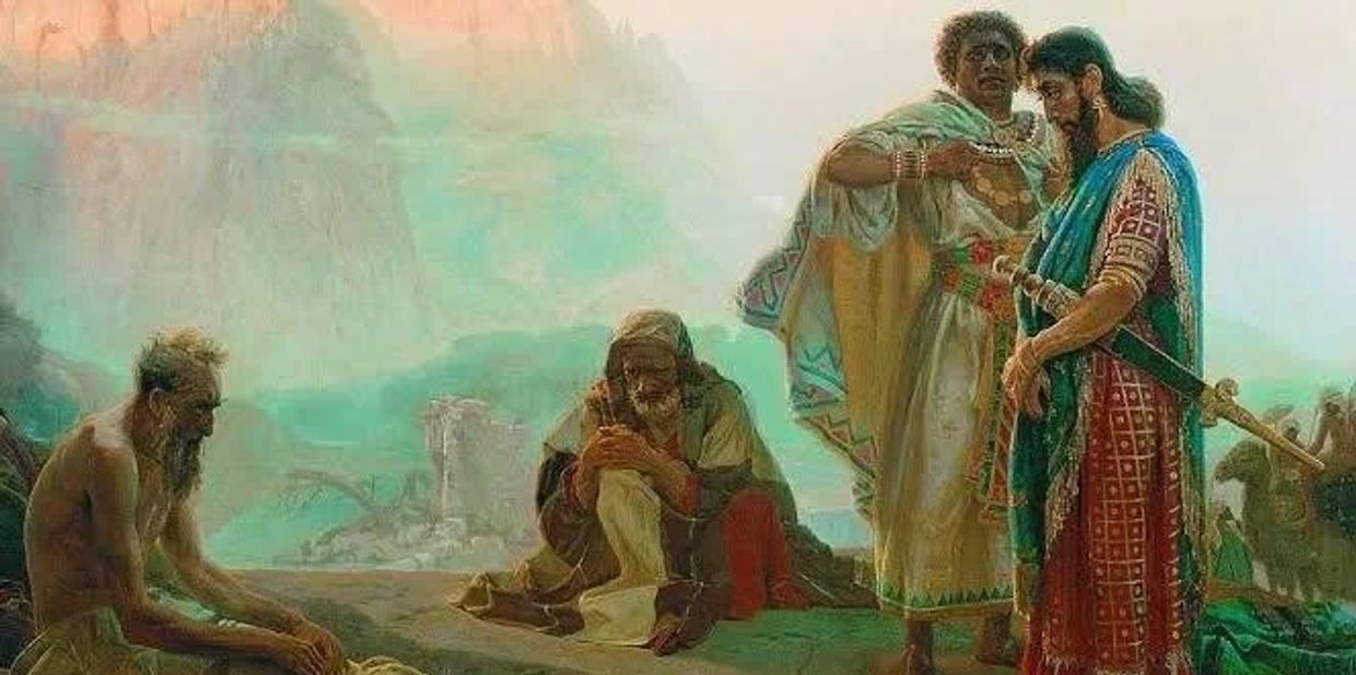 Four ancient men in traditional attire gathered in a misty mountainous area.
