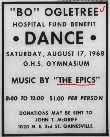 Ad for fundraiser for Bo Ogletree. Petty's band The Epics performed