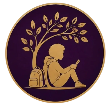 Silhouette of a child reading under a tree with a backpack beside them.