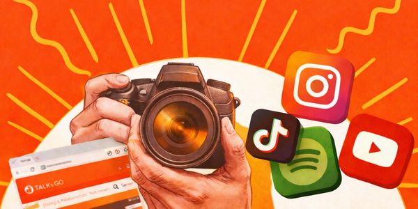 Hands holding a camera with social media icons and a website on an orange background.