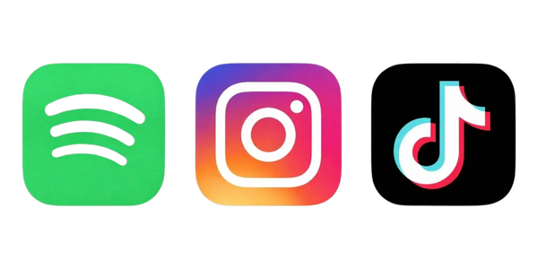 Icons of Spotify, Instagram, and TikTok social media apps.