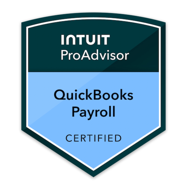 Intuit ProAdvisor QuickBooks Payroll Certified badge in blue and dark teal.