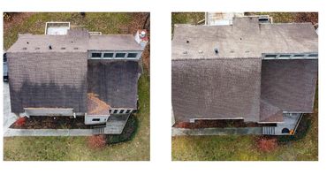 Aerial view of a house roof before cleaning, showing dark stains.