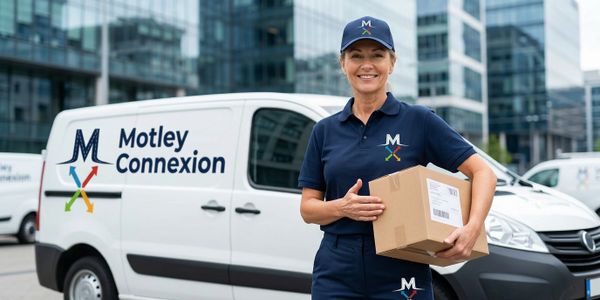Smiling delivery woman holding a package in front of a Motley Connexion van.