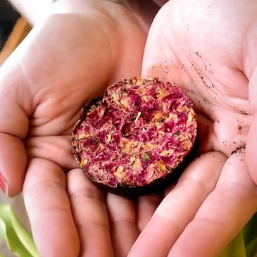 Espresso puck topped with rose petals at Lost Shoe Brewing & Roasting.