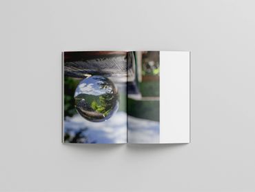 A crystal ball reflecting a scenic mountain landscape on a magazine spread.
