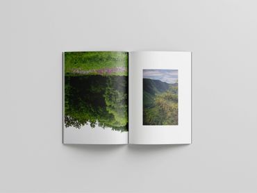 Open magazine showing two nature photographs of lush green landscapes.
