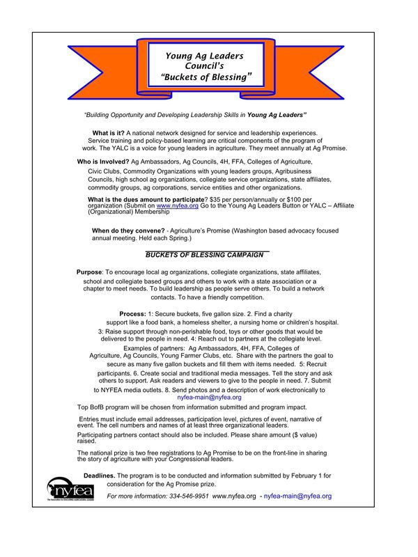 Informational flyer for Young Ag Leaders Council's Buckets of Blessing campaign promoting leadership and community service.