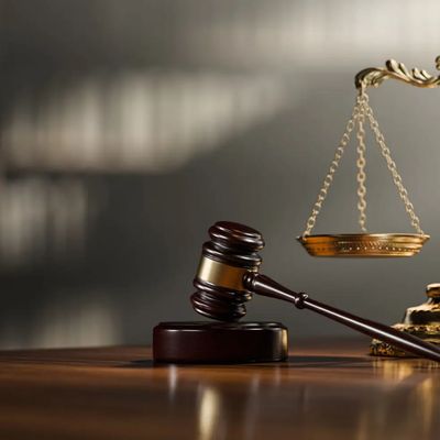 Gavel and scales of justice on a wooden surface.