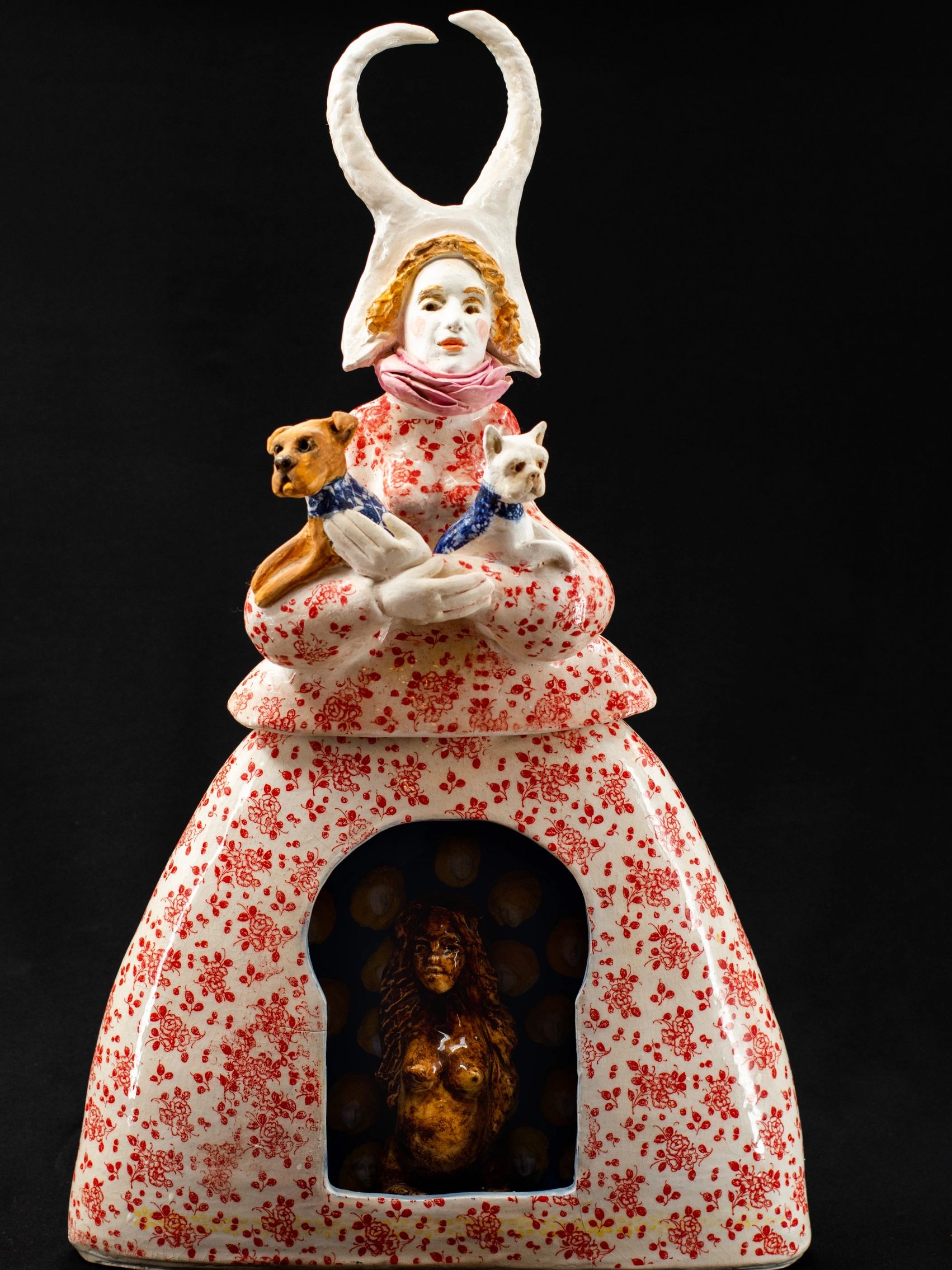 Mantua de Curr/Lady of the Dog
26x17x7 inches
high fire paper clay with underglazes and over glaze
p