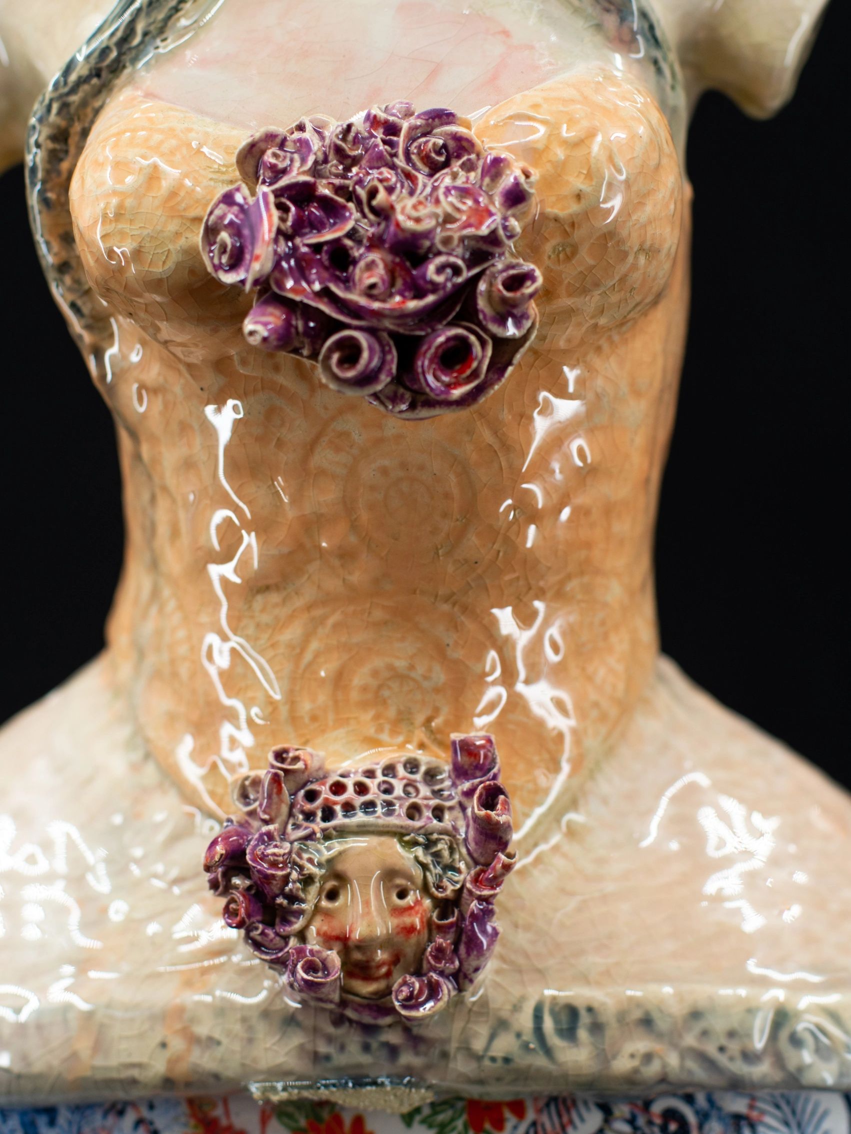 Miss Hoiti Toiti
High fire paper clay.
26x17x7
Amaco velvet glazes
led frit overglaze
2023