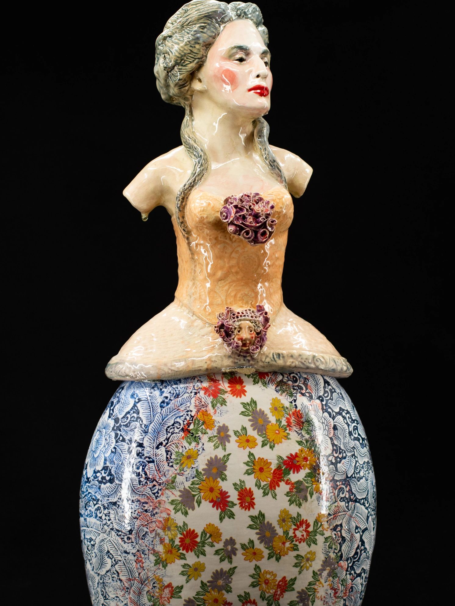 Miss Hoiti Toiti
High fire paper clay.
26x17x7
Amaco velvet glazes
led frit overglaze
2023 photo by