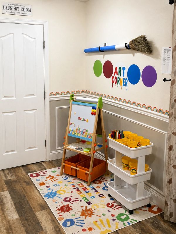 Colorful kids' art corner with easel and supplies.