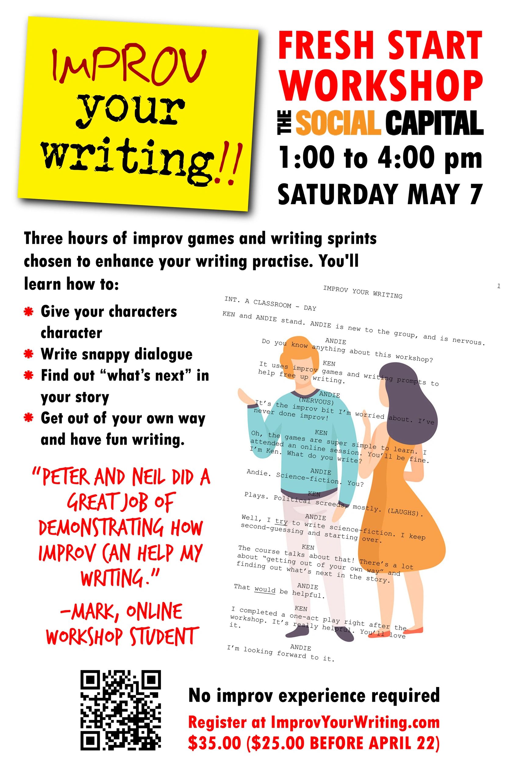 Workshop flyer for Fresh Start Improv writing event on May 7.