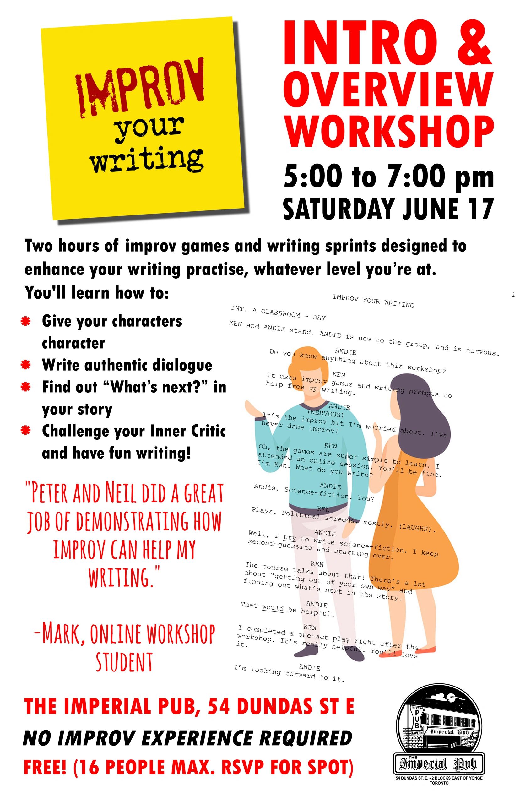 Intro and overview improv writing workshop details and benefits.