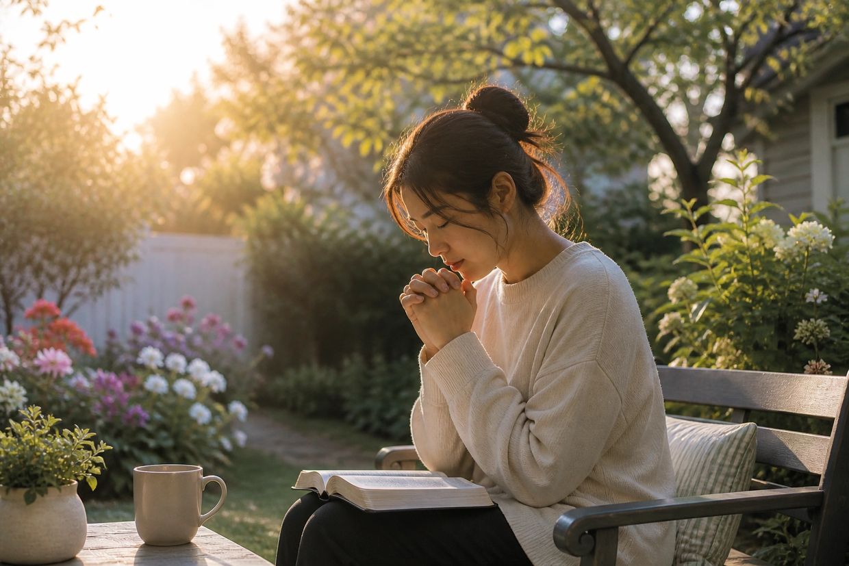 Woman praying with a book in a serene garden at sunset.