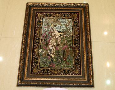 Persian art picture in a frame. Handmade hand knotted Persian rug.