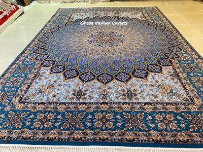 Isfahan luxurious Persian carpet. High knot density. Wool and silk blue carpet. 