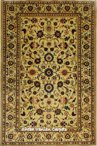 Floral Kashan handmade wool carpet. All over design. Yellow with flowers. Size 300 x 400 cms