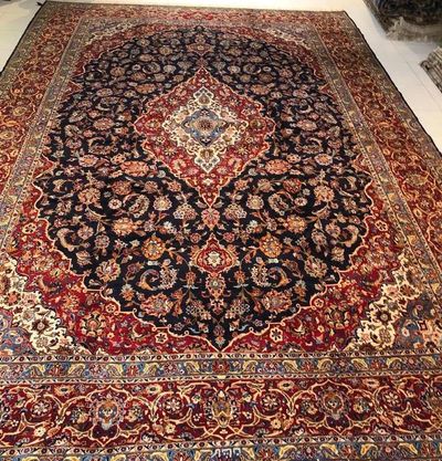 Kashan handmade Persian carpet with floral design and diamond medallion in Red and Navy 3 x 4 meters