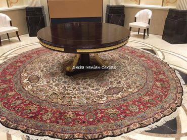 Tabriz handmade wool and silk Persian carpet with furnuture. Diameter 400 cms.