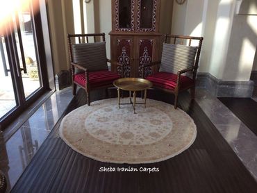 Beautiful Chobi Afghan handmade carpet with furniture. Size 200 cms diameter. Color beige and cream
