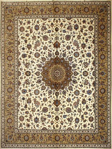 Hand knotted Kashan floral silk Persian carpet size 7 x 10 feet. High thread count. Beige and white