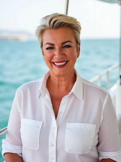 Smiling woman in white shirt enjoying a boat ride on a sunny day.