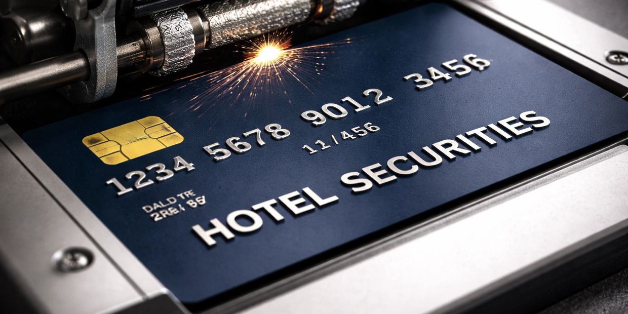 Machine embossing a hotel securities card.